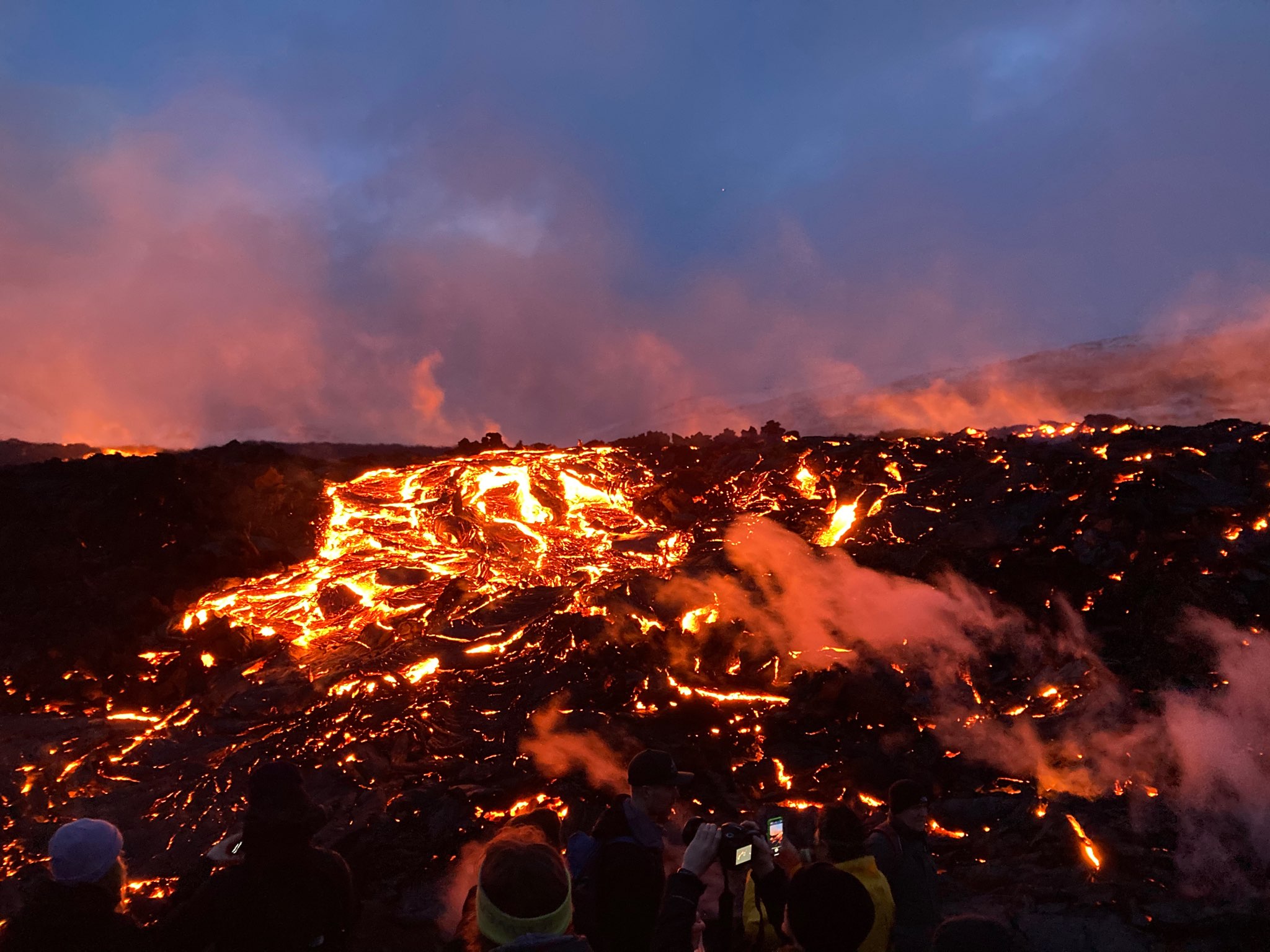 Up close to the lava at night.